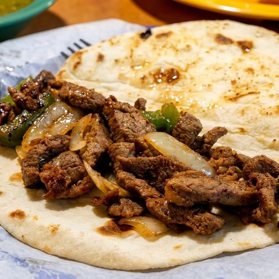 A beef fajita taco with grilled onions and green peppers on a flour tortilla.