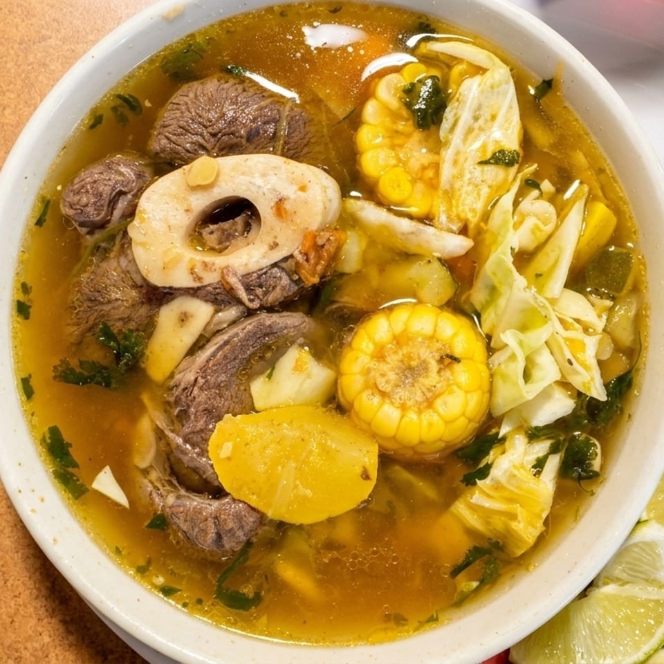 Hearty beef soup with corn, cabbage, and potatoes, served with a side of rice and lime wedges.