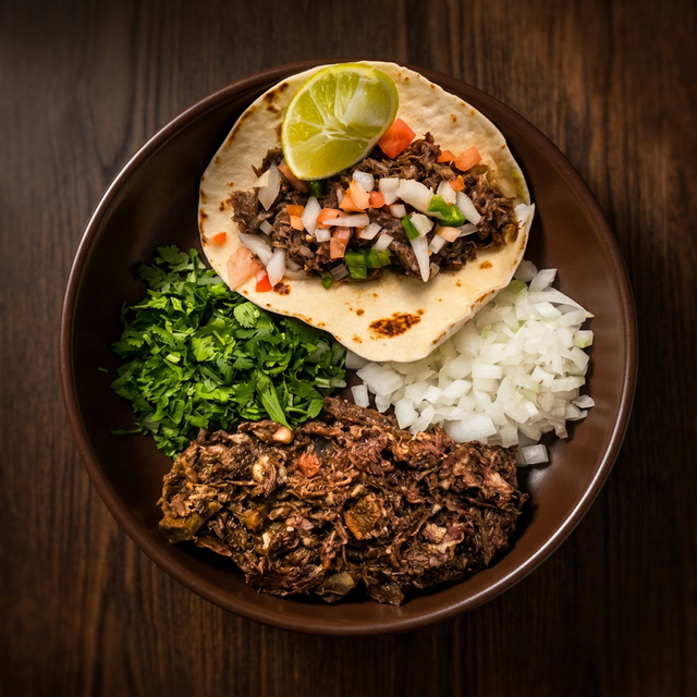 1LB Barbacoa, 6 Tortillas, Cebolla, Cilantro & Salsa.