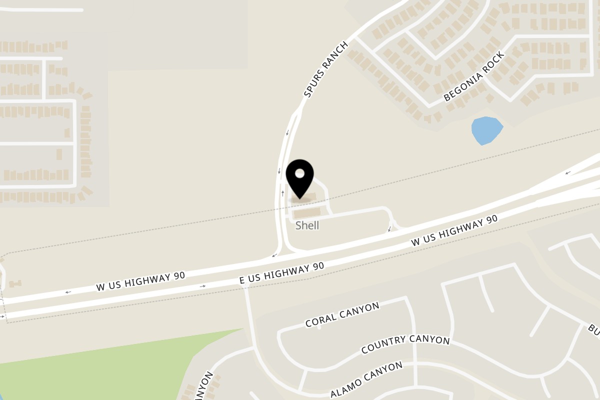 Map showing the location of Saborcito Latino Mexican Restaurant #3 Spurs Ranch on 5250 Spurs Ranch Suite #2 in San Antonio