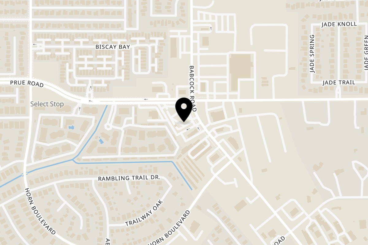 Map showing the location of Saborcito Latino Mexican Restaurant #3 Babcock on 6392 Babcock Rd #102 in San Antonio